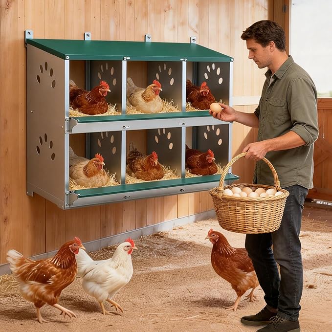 EAGLE PEAK 6-Hole Wall Mounted Chicken Nesting Box, Roll Away Hen Laying Box with Sloped Roof & Easy Clean Tray, Galvanized Steel for Backyard Chicken Coops (Green)