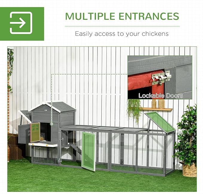 PawHut 118" Extra Large Chicken Coop with Asphalt Roof, Wooden Hen Run with Slide-Out Tray and Nesting Box, Chicken Hutch for 3-6 Chickens, Gray