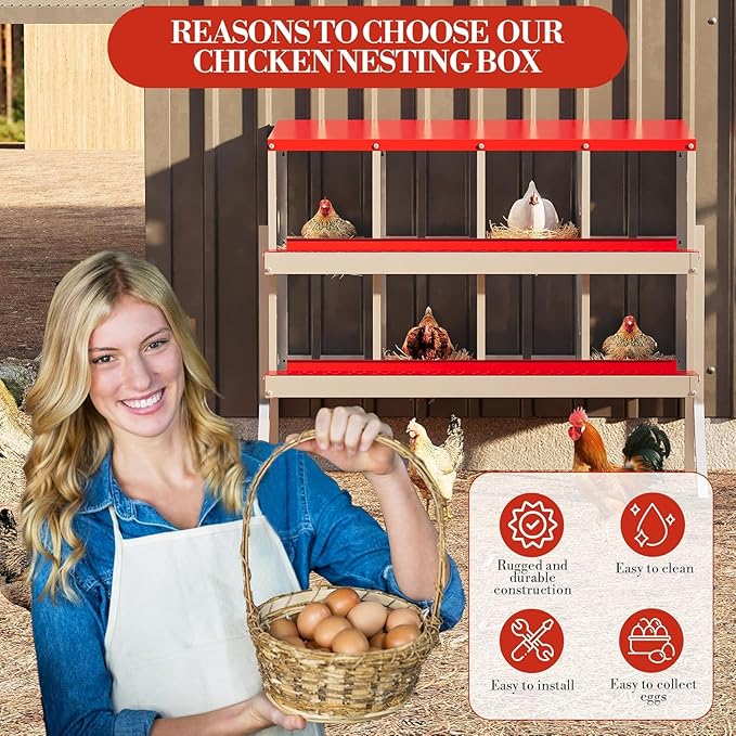 Chicken Nest Box, 8-Compartment Egg-Laying Box, Metal Hen House, Convenient for Collecting Eggs - Ventilated Poultry House Equipment - Suitable for Hens, Ducks Red, Without Stand