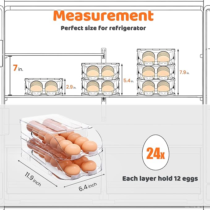Egg Holder for Fridge, Automatic Steady Rolling Egg Dispenser with Silicone Bumpers & Handle for Refrigerator, Large Capacity Egg Organizer with Lid (2 Tier Holder 24 Eggs (M SIZE))