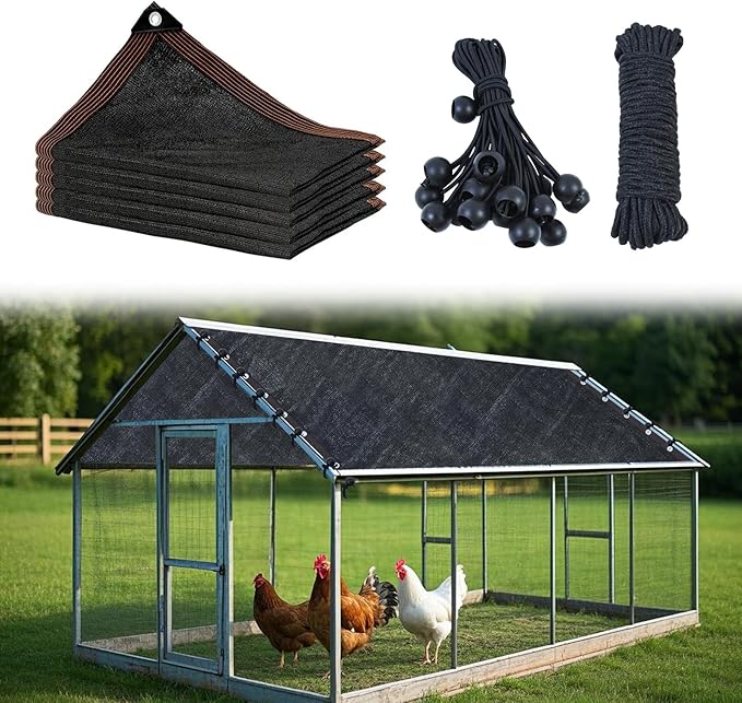 Black Chicken Coop Shade Cover, 11.5 * 6.6 FT UV 90% Shade Cloth with 20 Pcs Ball Bungees Cords, Chicken Cage Cover Chicken Run Sun Shade Mesh with Grommets for Outdoor Patio Garden Plants