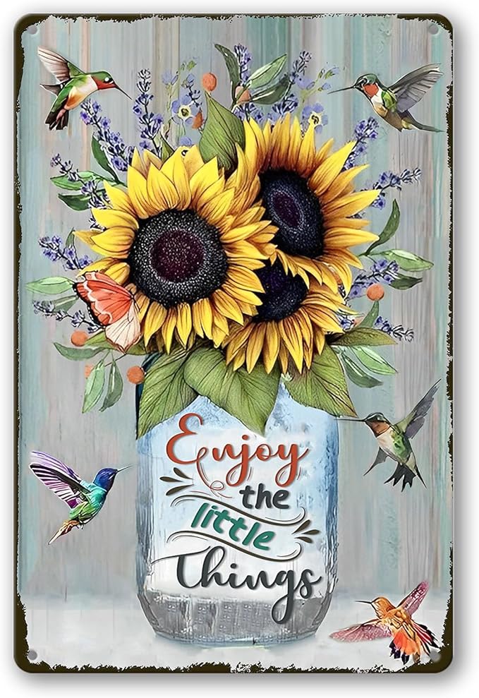 Sunflower Metal Tin Signs Hummingbird Metal Wall Decor Enjoy The Little Things Tin Sign Metal Art For Kitchen Hummingbirds Decor For Bathroom Vintage Sunflowers Tin Sign Wall Decor Gift 8x12 Inch