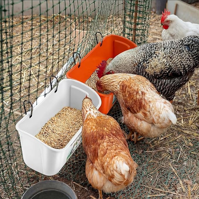9 Pack Chicken Duck Feeder Waterer Hanging Goat Feeder Trough 2.5 Quart Livestock Feeding Trough with Scoop & Brush for Pig, Poultry, Fence Feeding, 22.5 Quart Total (White, Orange, Black)