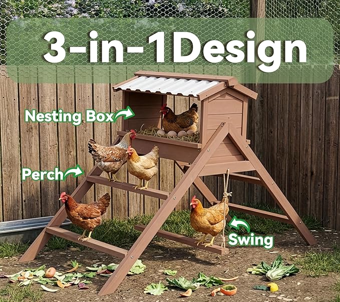 Chicken Perch for Coop, 3 in 1 Design-Nesting Box with All Weather PVC Roof+Perches+Swing, Indoor & Outdoor Roosting Bar