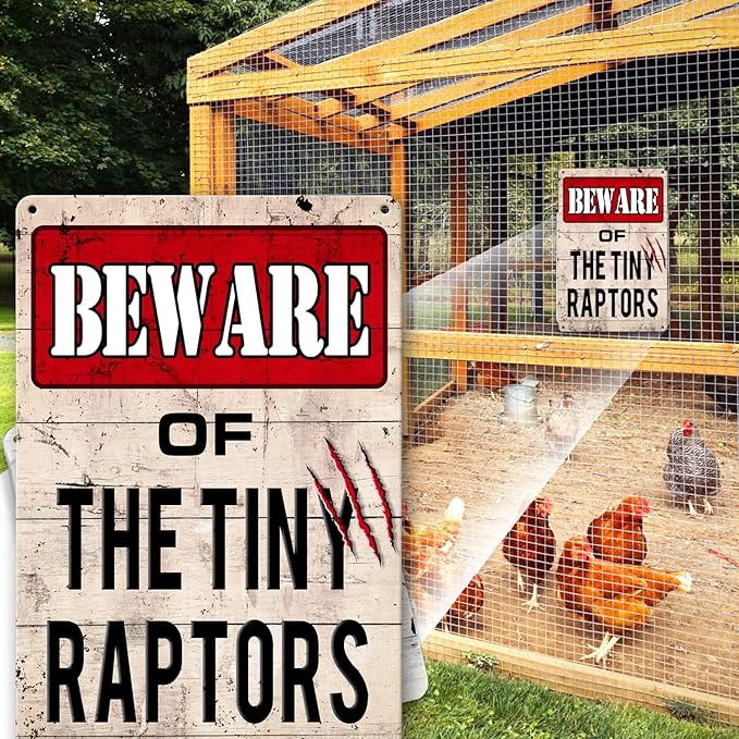 Tiny Raptors Chicken Signs, Funny Metal Tin Signs for Chicken Coop Farm Chicken Feeder Accessories for Chicken Lovers, Retro Yard Sign Wall Decor Gifts for Home, Kitchen, Outdoor (8x12inch)