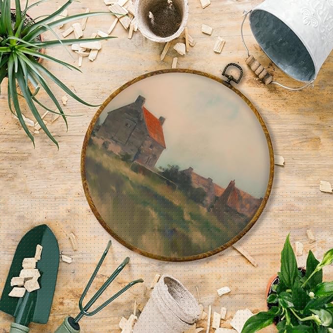 Hiuwevt Vintage Farmhouse Landscape Round Wall Art Decor, Moody French Country Framed Canvas Prints, Rustic Cottagecore Countryside Round Wall Hanging Decor for Home Bedroom Decorations, 10x10 Inches