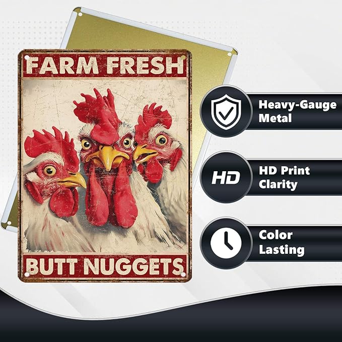 Funny Chicken Metal Signs Coop Decor Farm Fresh Butt Nuggets Tin Signs Vintage Farmhouse Poster Rustic Wall Decor For Home Outdoor Farm Poultry House Yard Cafe Kitchen Garden 16 * 12 In