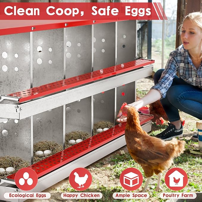 Chicken Nesting Box, 10 Compartment Metal Nesting Boxes for Chickens Laying Eggs, Rust Proofed Nest Box with Roll Away Egg Collection Laying Box for Chicken Coop Red