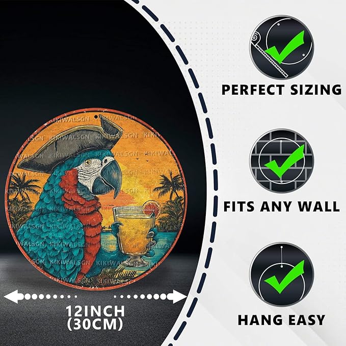 Vintage Parrot Round Metal Sign Retro Beach Tin Sign Nostalgic Rustic Wall Decor Kitchen Bar Man cave Living Room Bedroom Garage Bathroom 12 * 12 In