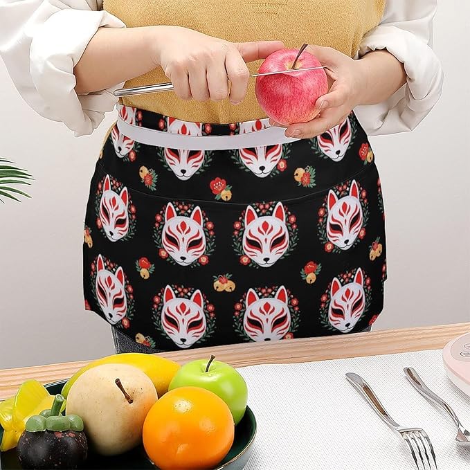 Unisex Apron for Cooking Server Waitress Half Waist Apron with 3 Pockets