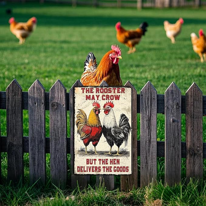 Funny Chicken Signs The Rooster May Crow But The Hen Delivers The Goods Aluminium Sign Metal Chicken Signs Decor Home Ktichen Farm Are Wall 12x16 Inch Vintage Chicken Signs Metal Tin Poster