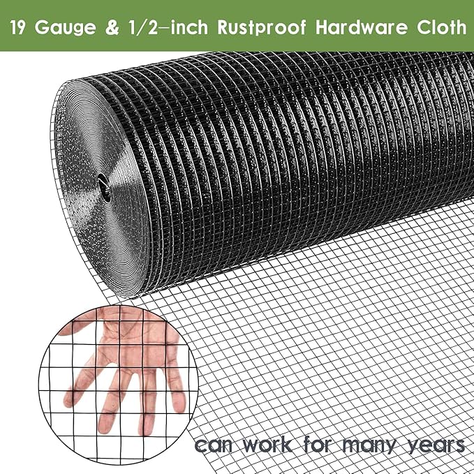 Tongmo Black Hardware Cloth, 1/2 inch 60'' x 100'Chicken Wire Fence, 19 Gauge Vinyl Coated Welded Cage Wire Mesh Roll Supports Poultry Netting Cage Garden Fence