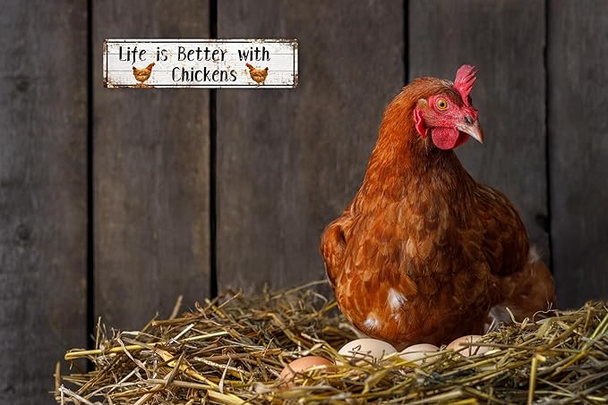 AWISZZZ Metal Tin Signs Life is Better with Chickens Signs Farm Chickens Door Accessories Wall Decor Vintage Retro Art Plaque for Bedroom Kitchen Garden Pub Club Coffee Hanging Decor 4x16 In