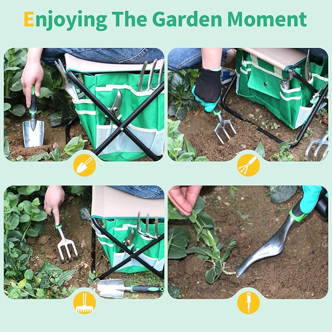 Kitness 9 PCS All-in-One Garden Tools Set, Heavy-Duty Cast-Aluminum Gardening Kit with Folding Stool Seat and Detachable Canvas Tool Bag, Durable Hand Tools Gift Set for Gardening Lovers