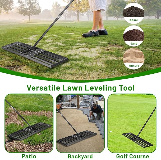 Lawn Leveling Rake 34"x10",Lawn Leveling Tool with 68" Long Adjustable Stainless Steel Handle for Leveling Soil,Grass,Sand or Dirt,Heavy Duty Lawn Leveler for Backyard,Garden,Golf Course,Farm,Pasture