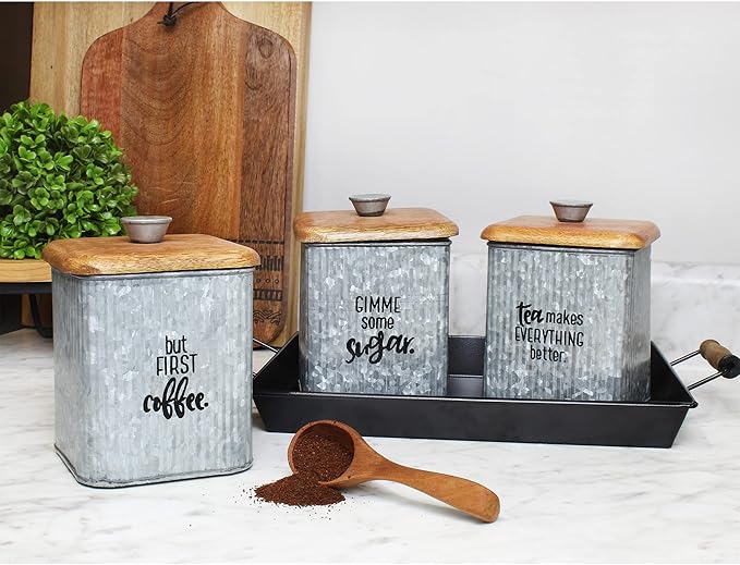 AuldHome Design Farmhouse Galvanized Canisters (Set of 3); Storage Containers for Coffee, Tea and Sugar in Galvanized Iron and Wood Design