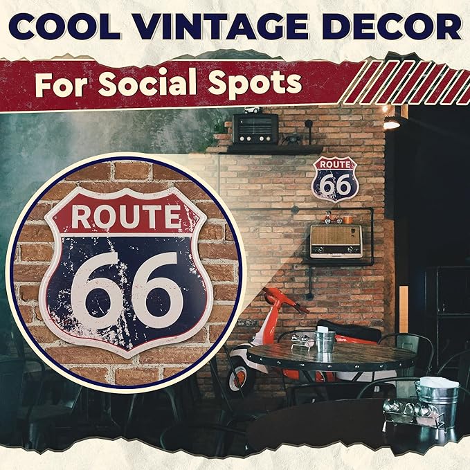 Route 66 Sign - Easy to Hang Tin Signs Vintage Style 12×12 Inch | Route 66 Decor For Bedroom, Man Cave, Garage, Workshop, Bar, Cafe - Retro Road Signs Cars Wall Decor for Gifting and Party Decoration