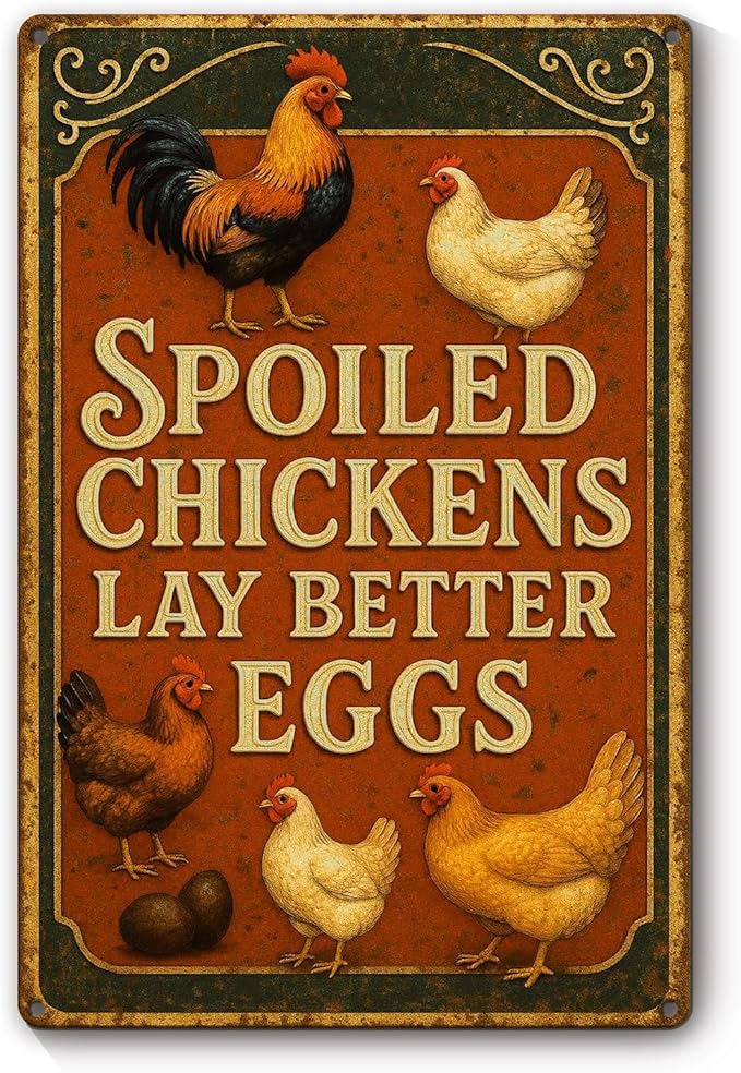 Funny Chicken Metal Sign Outdoor, Aluminum Farmhouse Wall Decor for Coop Door or Yard Area, Fluffy Humor Country Living Style, Rustic 8x12 Inch Gift
