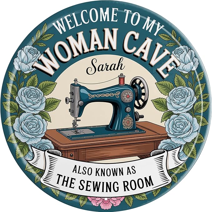 AWISZZZ Woman Cave Sewing Room Metal Sign 8x8in Round Vintage Plaque for Craft Space Wall Decor Seamstress Gift