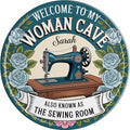 AWISZZZ Woman Cave Sewing Room Metal Sign 8x8in Round Vintage Plaque for Craft Space Wall Decor Seamstress Gift
