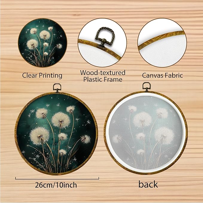 Hiuwevt Deep Green Dandelion Round Wall Art Decor, Moody Dark Floral Botanical Framed Canvas Prints, Rustic Cottagecore Plant Round Wall Hanging Decor for Bedroom Home Decorations, 10x10 Inches