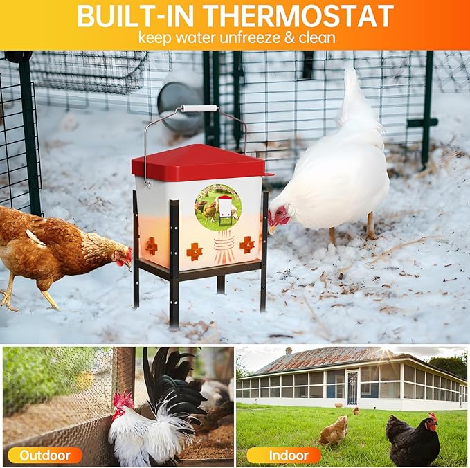 Nexum 2 Gallon Heated Chicken Waterer - Outdoor Unfrozen Poultry Drinker for Winter with 4 Nipples and Adjustable Stand Automatic Chicks Water Bucket (Red, 2 Gallon)