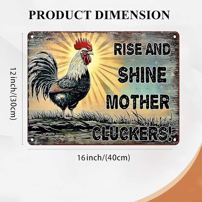 Metal Cluckers Rise and Shine Mother Cluckers Vintage Tin Sign for Home Decor Cave Barn Coop Wall Decoration Bedroom 12X16Inch
