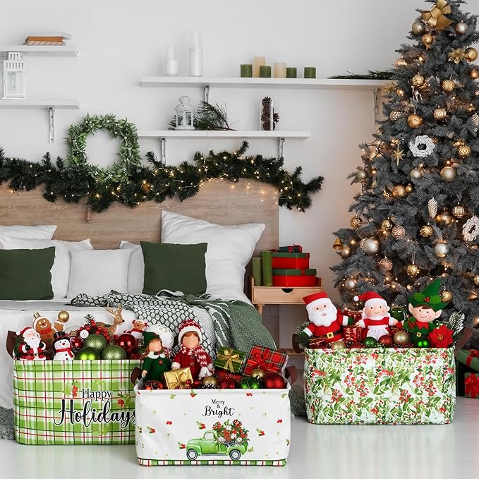 CHENGU 6 Pack Christmas Storage Basket Collapsible Christmas Tree Basket for Gift Green Truck Holiday Decor Large Flower Wreath Bin Foldable Hello Winter Dotted Box with Handle for Bedroom Office Home
