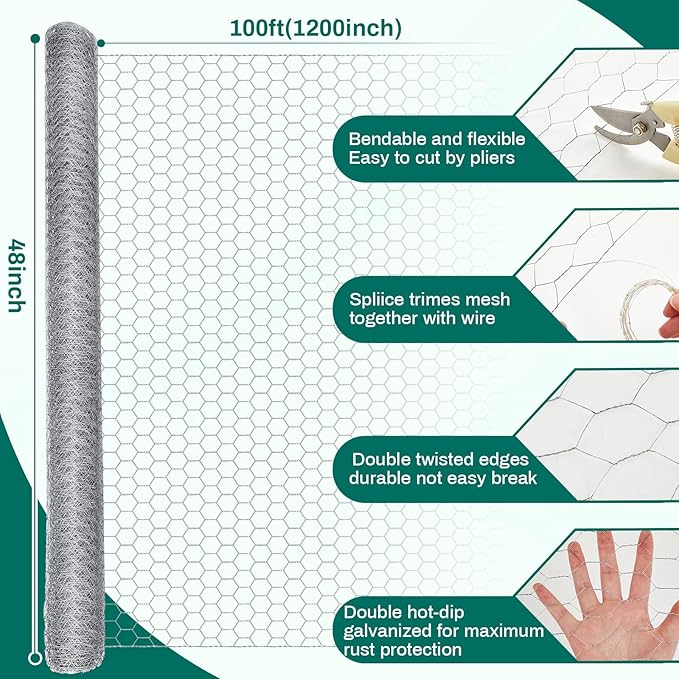 48 in x 100 ft Chicken Wire Fencing Metal Floral Chicken Wire Mesh for Crafts Poultry Garden, 1 Inch Hexagonal Galvanized Hardware Cloth Netting for Poultry Coop Barrier Rabbit Cage (Silver)