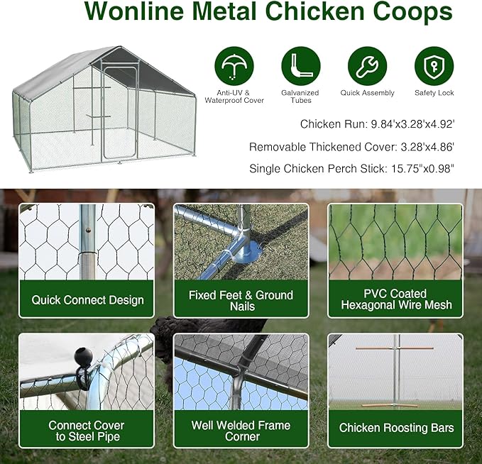 Large Metal Chicken Coop Heavy Duty Chicken Pens Outdoor with Top Walk in Poultry Cage Chicken Run Dog Kennel with Water Resident and Anti-UV Cover for Yard with Cover Duck Rabbit Cage