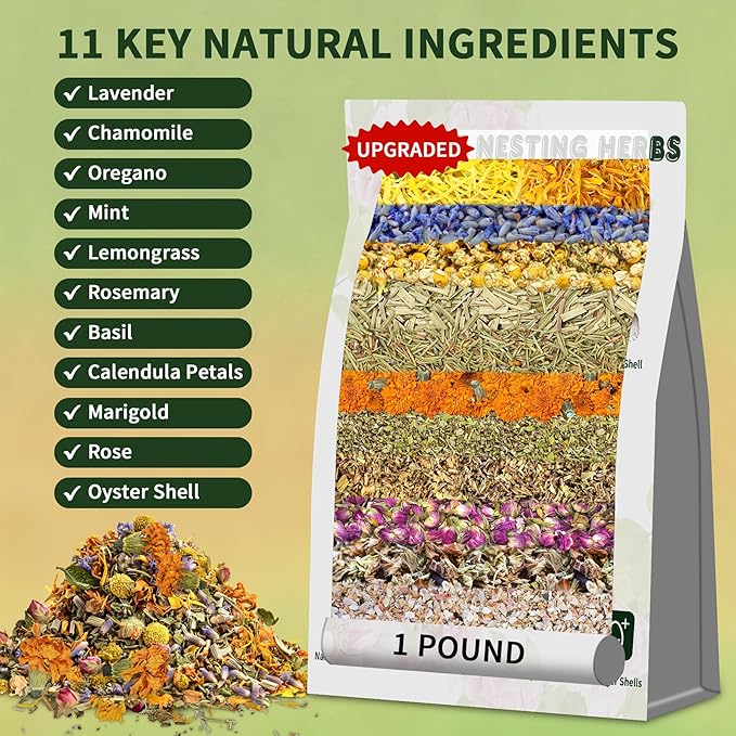 Chicken Nesting Herbs 16 oz – 11 Natural Dried Herb Blend with Marigold for Chicken Coop & Roost Refresh, Nesting Box & Dust Bath, Supports Natural Nesting Behavior