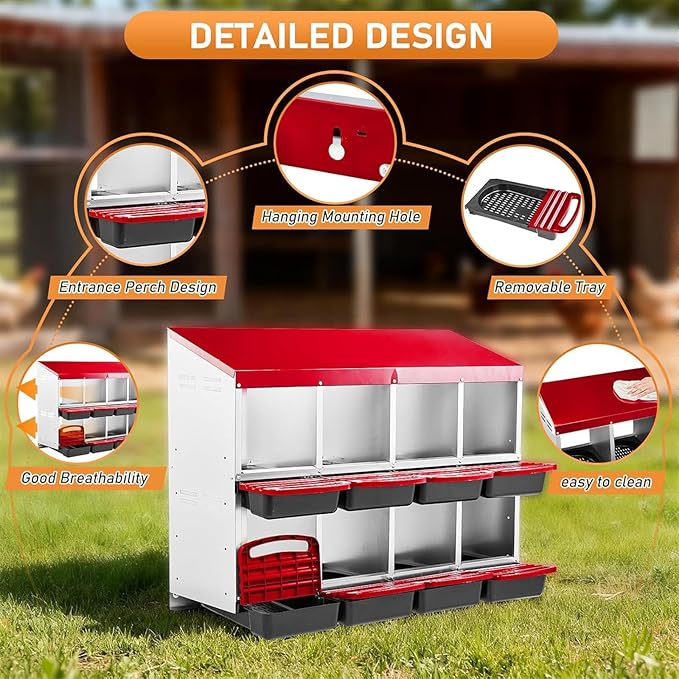 Metal Chicken Nesting Box, 6 Compartments Wall Mount Hen Laying Box with Roll Away Egg Collection & Swing Perch for Chicken Coop (Red)