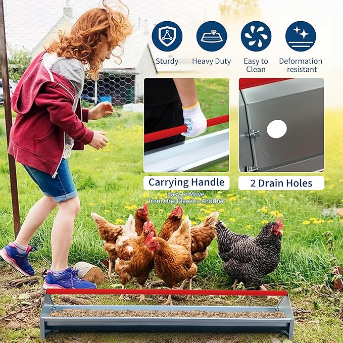 Chicken Feeding Trough 45 Inch, Heavy Duty Galvanized Steel Coop Feeder with Crossbar & Drainage Holes, Large Capacity Metal Poultry Trough Feeder for Ducks, Birds Red