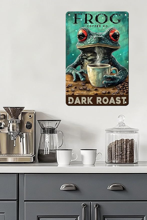 Coffee Themed Metal Tin Sign Frog Retro Wall Art Vintage Kitchen Decor Rustic Bar Cafe Tin Plaque Iron Painting 16x12 Inch