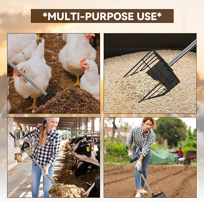 2 Rake Heads Chicken Coop Scoop 2 in 1 Metal Grid Chicken Poop Scooper 37.4 to 68.9 Inch Adjustable Stainless Steel Handle with Ergonomic Grip Farm and Poultry Litter Scoop with Gloves