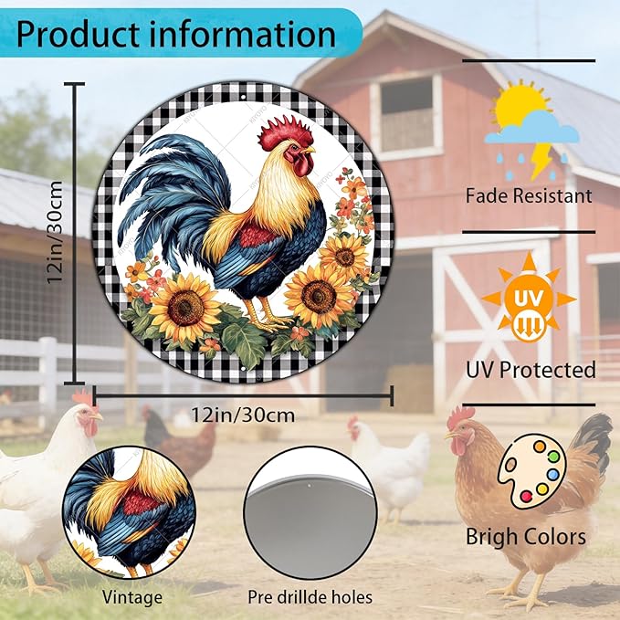 Round Metal Tin Sign Rustic Wall Decor Plaque Rooster Chicken Farm Animal Wreath Sign,Suitable for Home Garden Kitchen Bar Cafe Restaurant Garage Wall Decor Retro Vintage 12 Inch
