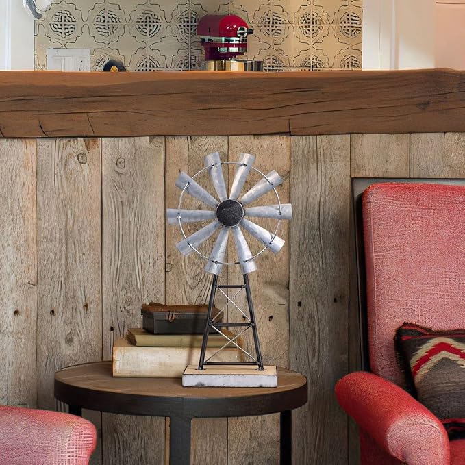 MODE HOME Charming Tall Galvanized Windmill Decor, Metal Windmill Accent for Farmhouse Shelf Decor and Living Room, Adding a Touch of Rustic Farmhouse Decor to Your Home Space