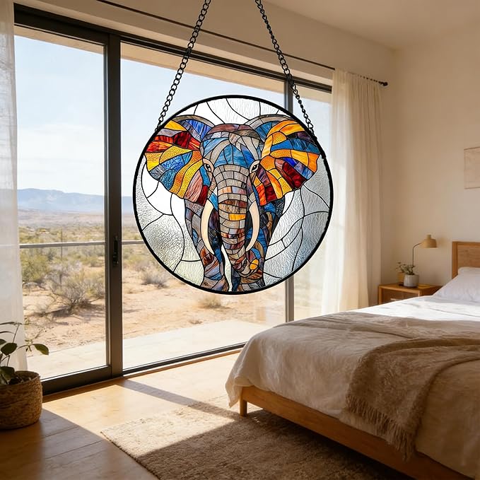Stained Glass Window Hanging, Colorful Elephant Sun Catcher for Door Home Decor Animal Suncatcher Christmas Mother's Day Birthday Gifts for Women Men Mom and Nana 9.8 in