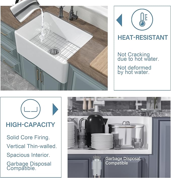 Small Farmhouse Sink 24 x 18 Inch, Firecaly Apron Front Farm Sink, Heavy Duty Single Bowl, with Accessories 2 Types, Undermount, Pure White, for Kitchen, Laundry, Small Space