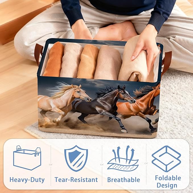 Running Horse Storage Basket with Handles,Collapsible Rectangle Organizer Bin for Room Decoration Books Box Baskets 17x11.5x10Inch
