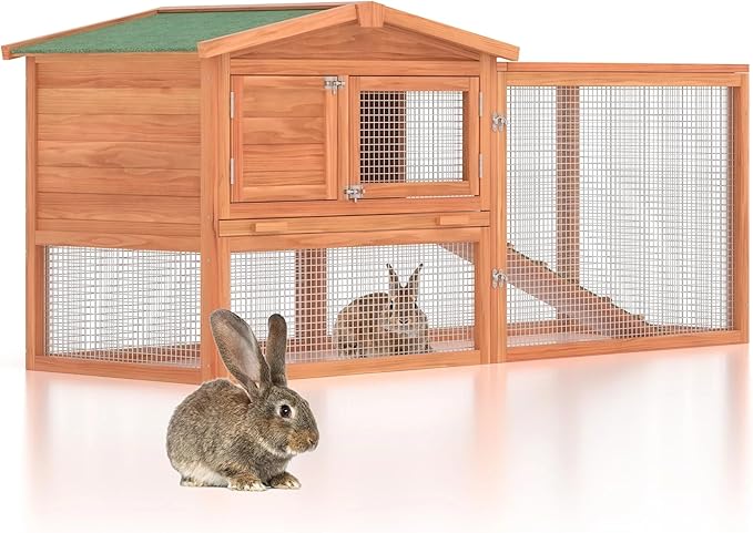 Rabbit Hutch Outdoor 2 Tier Rabbit Cage Wooden Chicken Coop with Run, Small Animal Cage with Opening Tops 60 "L x 23 "W x 23 "H