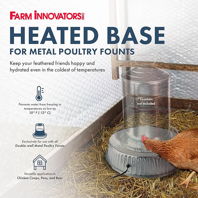Farm Innovators Heated Base for Double Wall Metal Founts Poultry Waterer, 125W Outdoor Water Bowl Heater for Chickens, Turkeys, Ducks, and Geese