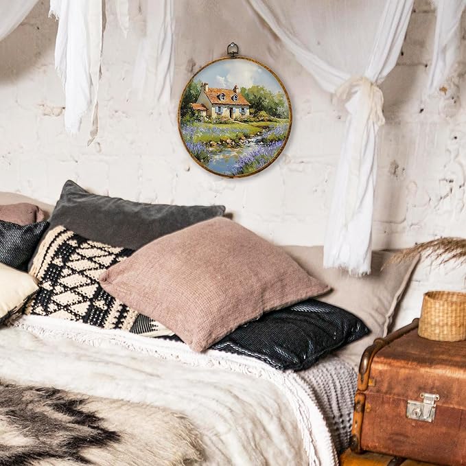 shiviody Rustic Country Canvas Wall Art Decor, Countryside Wildflower Landscape Wall Decor, Wild Fields Floral Round Hanging Frame Prints Decorations for Farmhouse Living Room Bedroom 10"x10"
