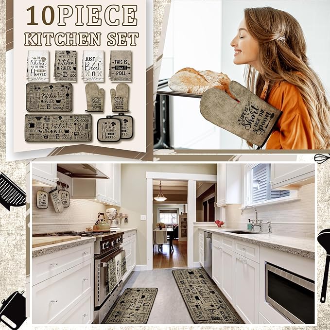 10 Pcs Attractive Style Kitchen Dish Towels Rugs Oven Mitts and Pot Holders Set Farmhouse Kitchen Decor Set for Women Mom Daughter Gift Cooking Baking Grilling (Rustic Farmhouse)
