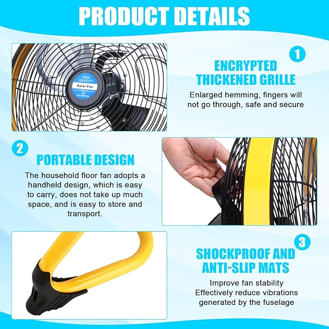 Sumind 14 Inch Solar Powered Fan 15000mah 20w Portable Ventilador Rechargeable Camping Fan Battery Powered with Panel and Light for Outside, Home, Travel, Chicken Coop, Shed, Greenhouse