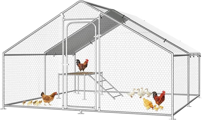 Large Metal Chicken Coop with Roosting Ladder, UV-Resistant and Waterproof Cover, Outdoor Walk-in Cage Hen House for Yard Farm Rabbit Duck Chicken Run, Spire Roof (13.1'W x 9.8'L x 6.4'H)