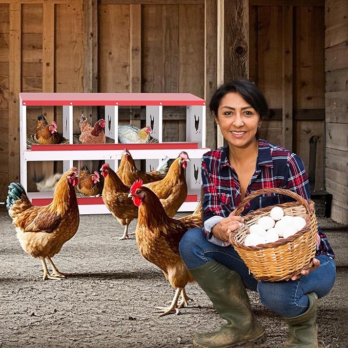 Chicken Nesting Boxes, 8-Compartment Metal Egg Laying Box with Swing Perch and Secure Lid – Versatile Wall Mount or Free Standing Suitable for Various Chicken Breeds -red