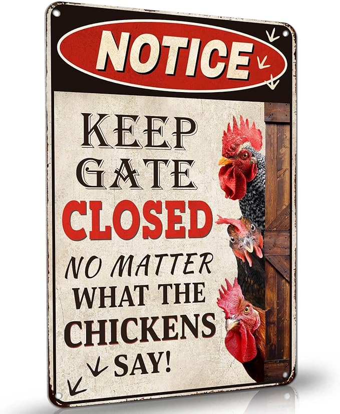 Chicken Gifts for Women Chicken Coop Accessories Chicken Coop Sign Metal Funny Farm Gate Decor Keep Gate Closed Rustic Outdoor Wall Art for Chicken Enthusiasts Lovers