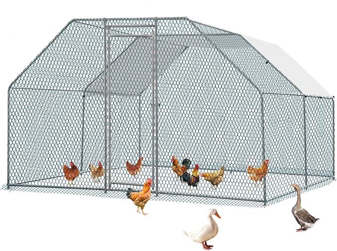 VINGLI Large Metal Chicken Coop, 13.1x9.8x6.5 ft Poultry Cage for Chicken Run, Walk-in Chicken Pen with Waterproof & Anti-UV Cover for Yard Outdoor (Silver-Flat Roof)