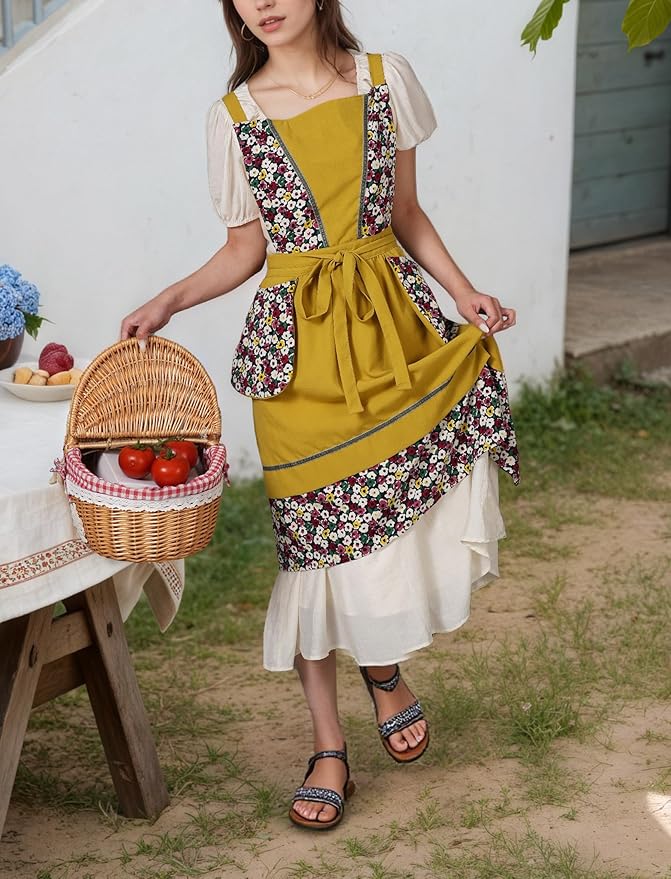 Kitchen Aprons for Women with Pockets Cute Vintage Chef Pinafore Apron for Gardening Cooking Baking Painting